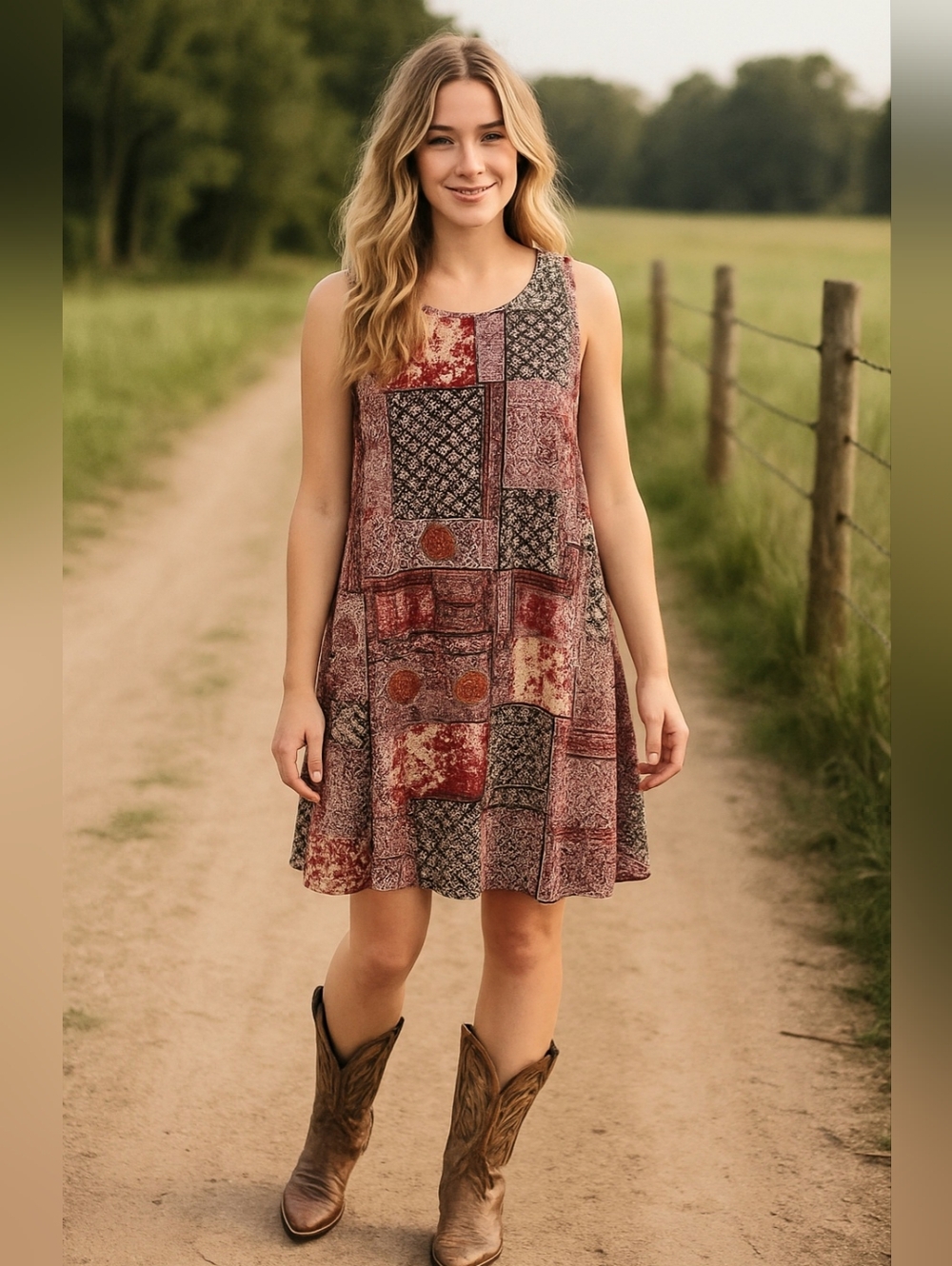 J.Jill  Patchwork Sleeveless Swing Dress Boho Country Line Dance